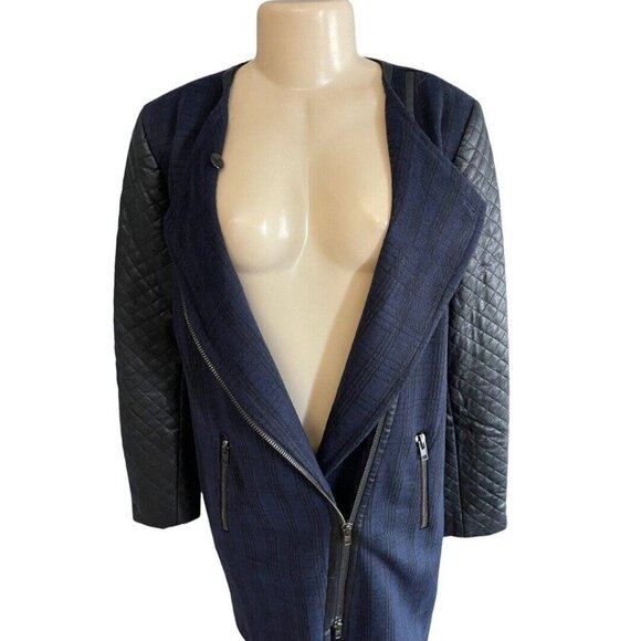 W118‎ Walter Baker Blue Tweed Check Coat Black Faux Leather Quilted Moto Jacket - Picture 4 of 12